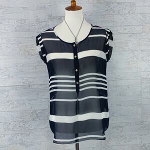 LOFT blue striped sheer cap sleeve blouse navy white business casual